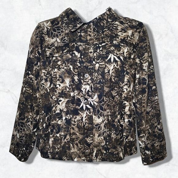 CJ Banks NWT Floral Black & Tan Long Sleeve Button-Up Blouse - Picture 1 of 7